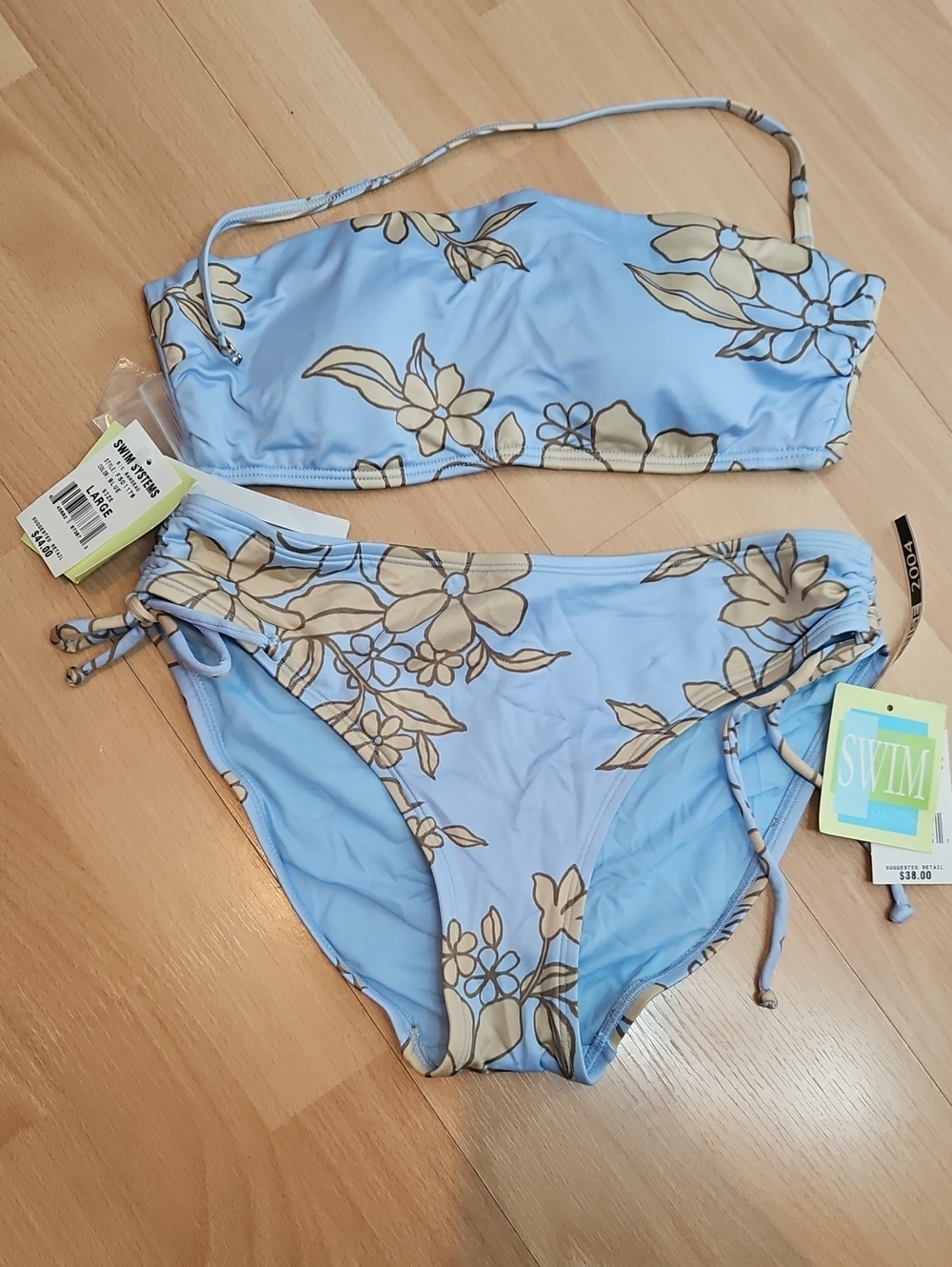 NWT Y2K Swim Systems Light Blue Floral Bandeau Bikini Set Size M and L